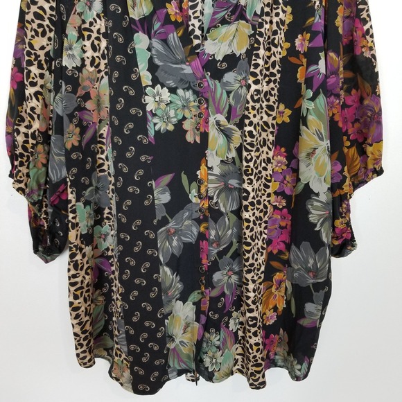 Johnny Was Womens Isolah Button Up Silk Blouse Sz XL Mixed Print Short Sleeve - Picture 3 of 8